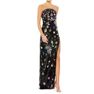 Mac Duggal Black Floral Sequined Strapless Column Gown 93695 Women’s Sz 8